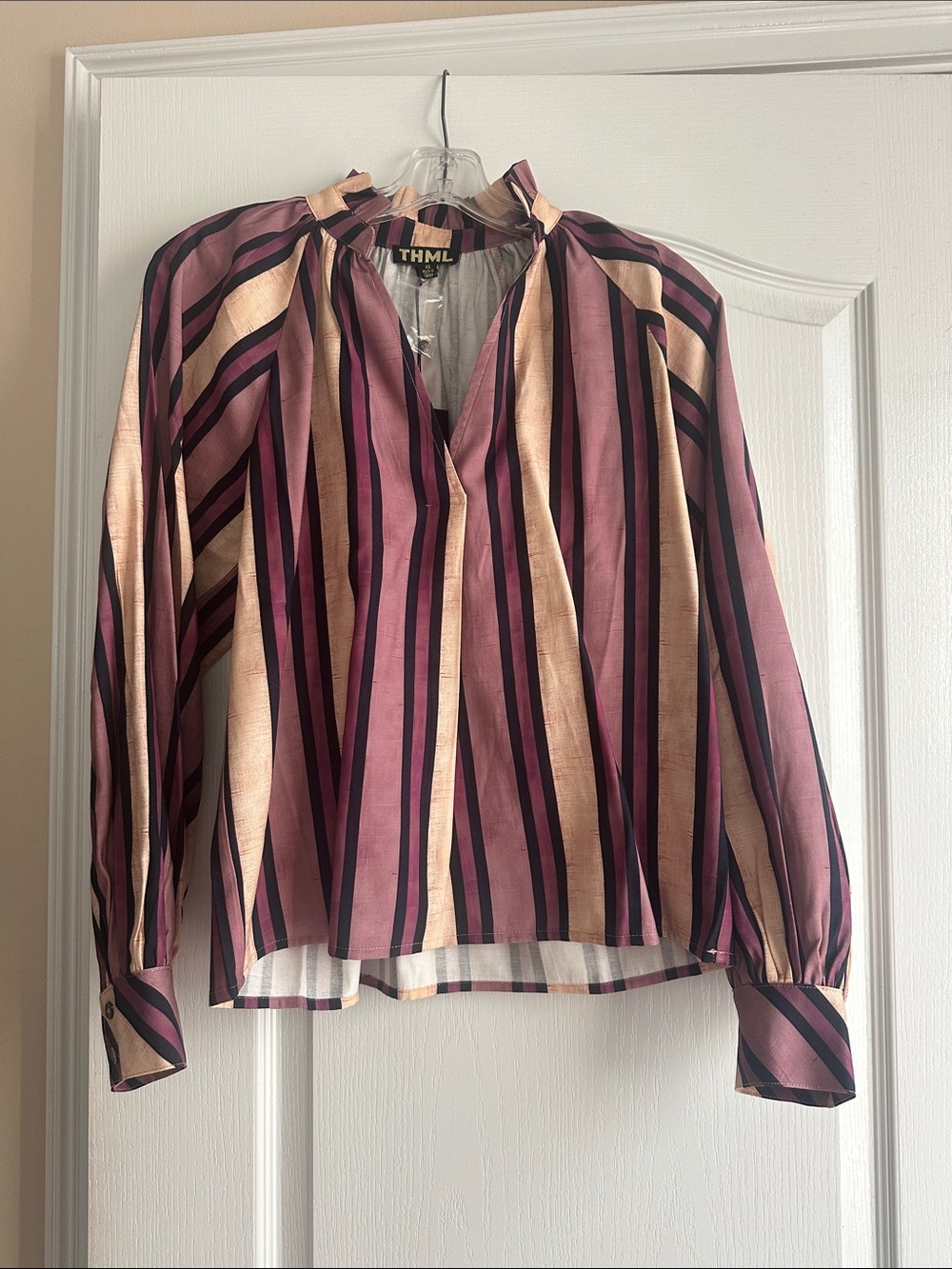 THML Striped V-Neck Long Sleeve Blouse in Mauve and Cream NWT XS